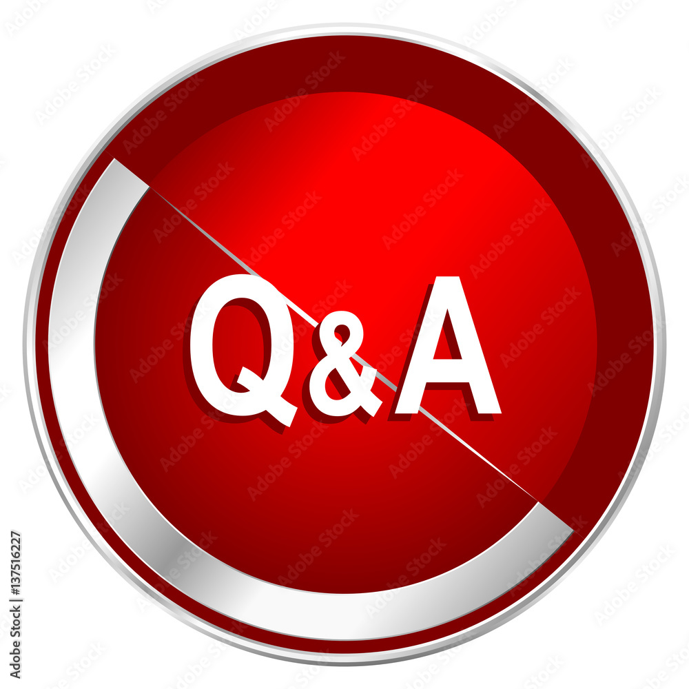 Aufkleber question answer red web icon. metal shine silver chrome border round button isolated on white backgr