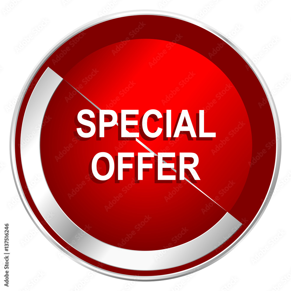 Poster Special offer red web icon. Metal shine silver chrome border round button isolated on white background. Circle modern design abstract sign for smartphone applications.