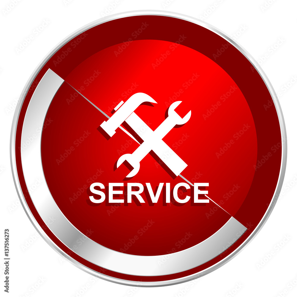 Poster Service red web icon. Metal shine silver chrome border round button isolated on white background. Circle modern design abstract sign for smartphone applications.