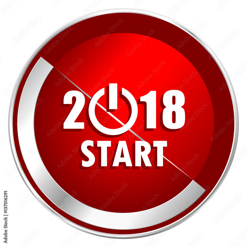 Poster New year 2018 red web icon. Metal shine silver chrome border round button isolated on white background. Circle modern design abstract sign for smartphone applications.