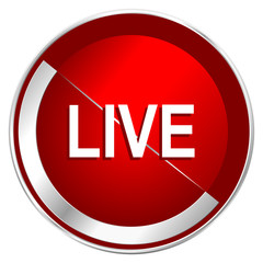 Live red web icon. Metal shine silver chrome border round button isolated on white background. Circle modern design abstract sign for smartphone applications.