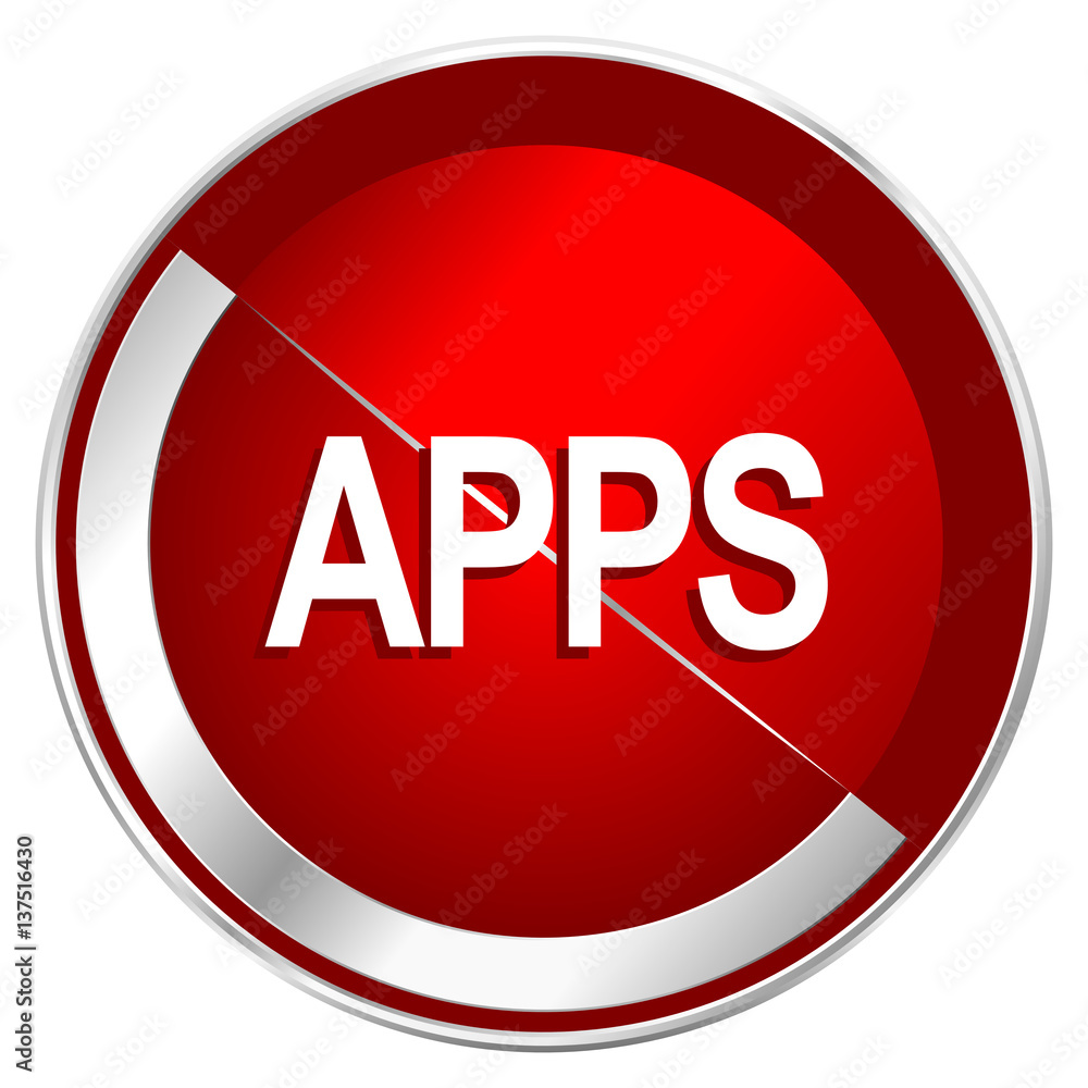 Poster apps red web icon. metal shine silver chrome border round button isolated on white background. circl