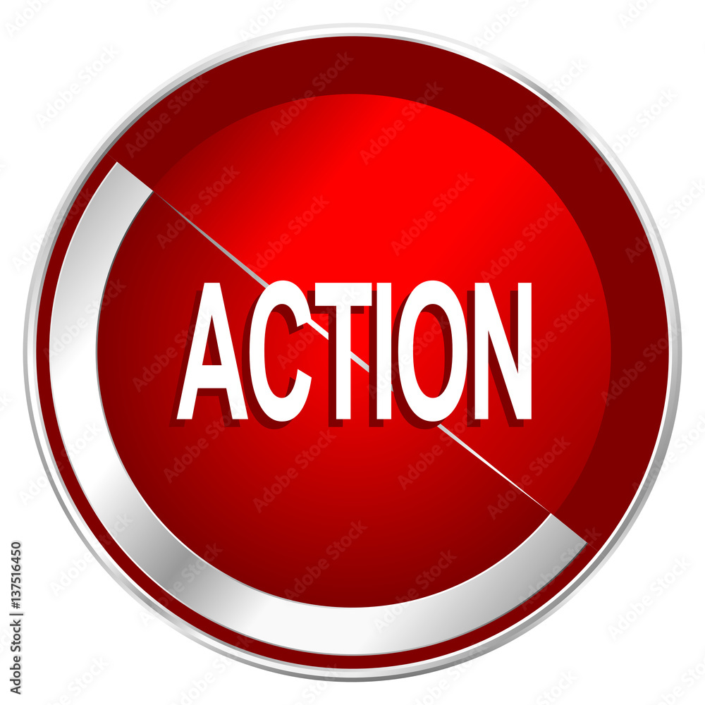 Leinwandbilder action red web icon. metal shine silver chrome border round button isolated on white background. cir