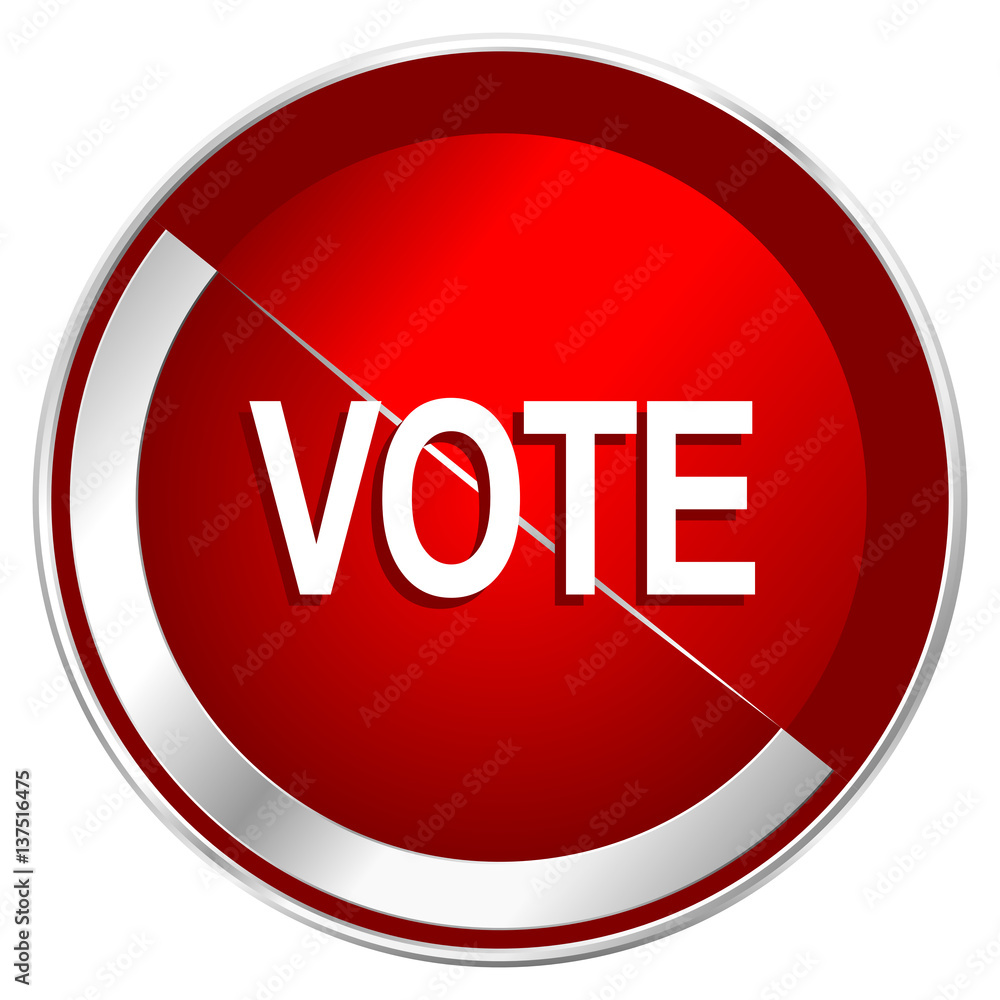 Aufkleber vote red web icon. metal shine silver chrome border round button isolated on white background. circl