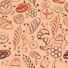 Hand drawn bakery on cream-colored background. Seamless pattern background.