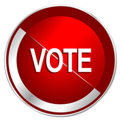 Vote red web icon. Metal shine silver chrome border round button isolated on white background. Circle modern design abstract sign for smartphone applications.