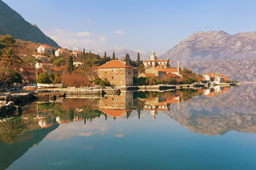 Fototapeta na wymiar View of Bay of Kotor near Prcanj town on a sunny winter day. Montenegro