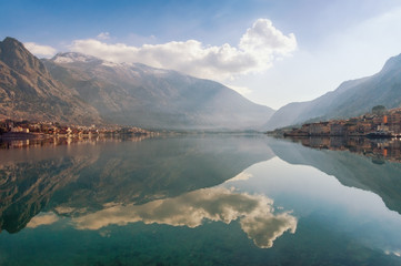 View of Bay of Kotor and Lovcen mountain on a winter day.  Montenegro, winter