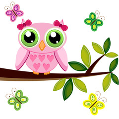 Owl on a branch with butterflies