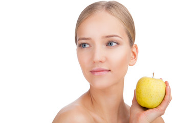 Beauty Woman face Portrait with apple. Skin Care Concept Isolated on a white background