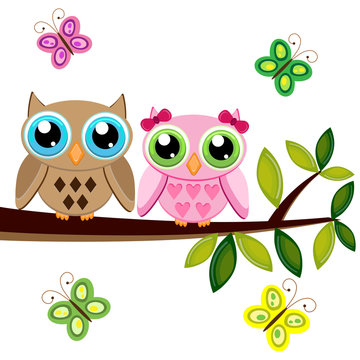 Two owls on a branch with butterflies