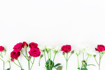 Colorful red and white flowers isolated on white background. Flat lay, Top view. Spring background