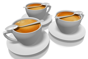 3D three coffee cups with plates and spoons.