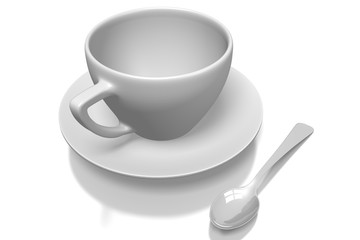 3D empty coffee cup, spoon, plate.