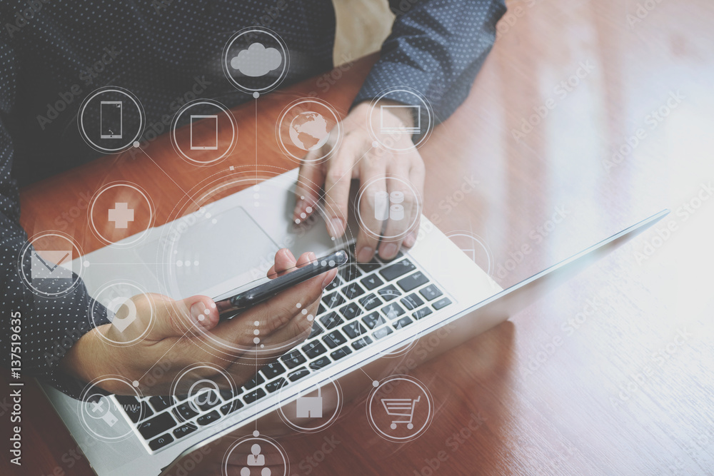 Poster top view,business man hand using smart phone,laptop, online banking payment communication network te