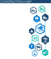 Construction network. Hexagon abstract background with lines, polygons, and integrated flat icons. Connected symbols for build, industry, architectural, engineering concepts. Vector.