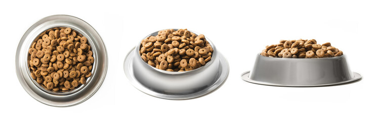 Set of three dishes dry pet food in a metal bowl isolated on white background. Top, half and front view.