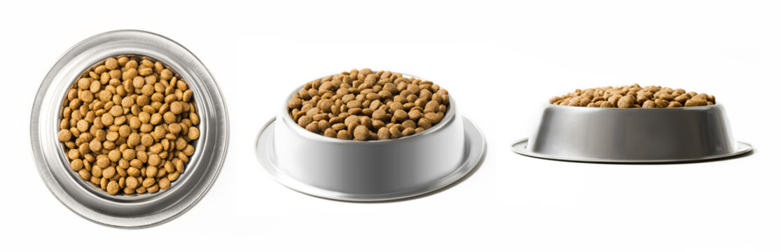 Set of three dishes dry pet food in a metal bowl isolated on white background. Top, half and front view.