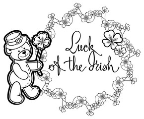 Outline round frame with shamrock contour and teddy bear. Raster clip art.