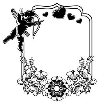 Black and white frame with silhouettes of Cupid and hearts. Raster clip art.