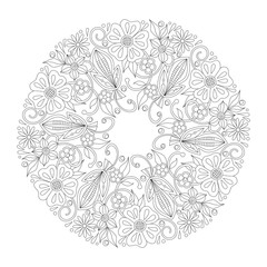 Doodle floral round ornament in black and white. Page for coloring book: relaxing job for children and adults. Zentangle drawing.