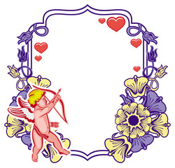 Elegant frame with Cupid, decorative flowers and hearts. Raster clip art.