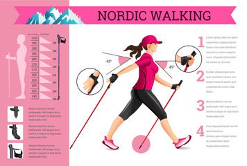 Vector illustrated infographics set with Nordic Walking data. - obrazy, fototapety, plakaty