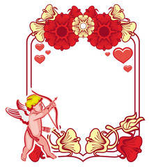 Elegant frame with Cupid, decorative flowers and hearts. Raster clip art.