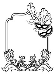 Silhouette frame with carnival masks and abstract flowers. Raster clip art.