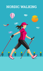 Vector illustration poster with Nordic Walking.
