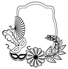 Black and white silhouette frame with carnival masks. Raster clip art.