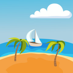 Sea landscape with boat on seychelles palm beach summer water beautiful background and tourism tropical beauty scene coast vacation horizon vector illustration.