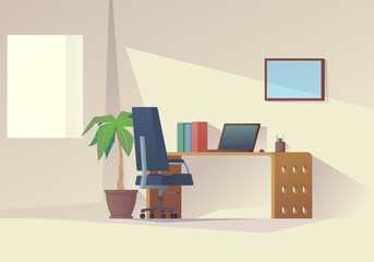 Interior office room. Design workplace in office. Cabinet with workspace with table and computer with big window. Flat style vector illustration
