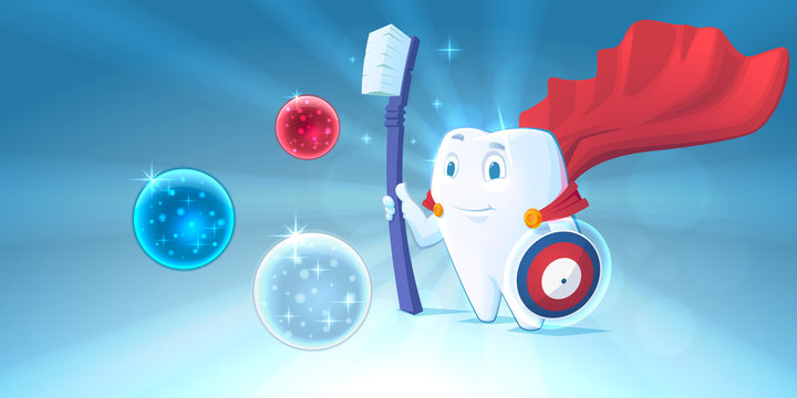 Superhero tooth holding a toothbrush, smiling