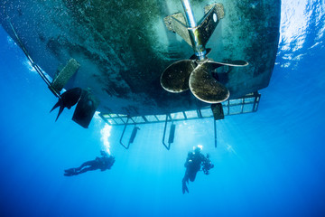 Scuba Divers under dive boat