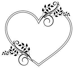 Heart-shaped black and white frame with floral silhouettes. Raster clip art.