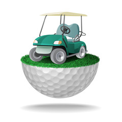 Golf cart on half golf ball with grass
