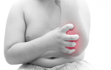 obese fat boy scratch the itch with hand isolated on white