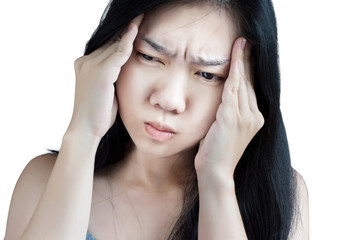 Headache symptom in a woman isolated on white background. Clipping path on white background