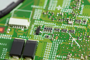 Close up of electronic components on the motherboard, microprocessor chip