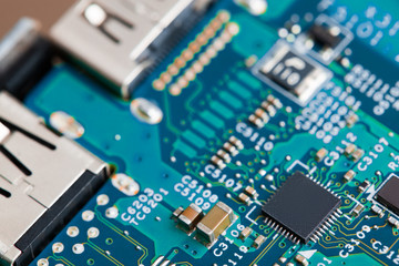Close up of electronic components on the motherboard, microprocessor chip