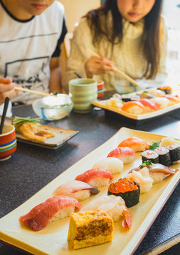 Traditional Japanese sushi set in the restaurant.