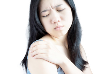 Painful shoulder in a woman isolated on white background. Clipping path on white background.