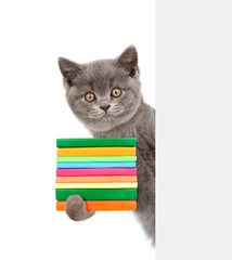 Cat holding books and peeking from behind empty board. isolated on white background