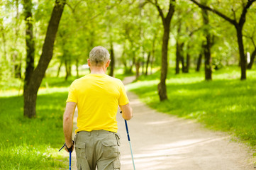 Rear view of an elderly man engaged in Nordic walking