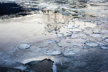 River surface covered with melting ice