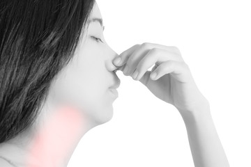 Nose pain symptom in a woman isolated on white background. Clipping path on white background.