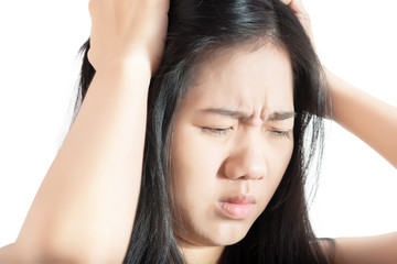 Naklejka premium Headache symptom in a woman isolated on white background. Clipping path on white background.