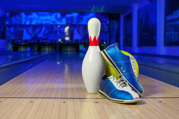 shoes, bowling pin and ball for bowling game