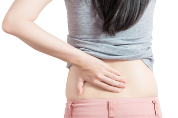 Backache or Painful waist in a woman isolated on white background. Clipping path on white background.